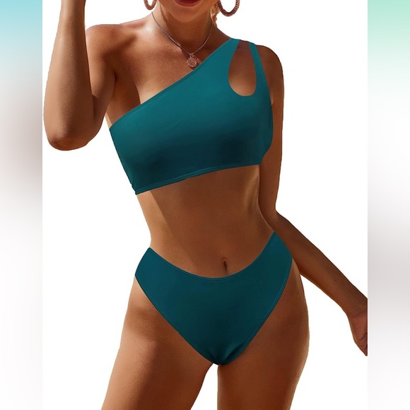 Women One Shoulder Hollow Out Bikini High Waist Swimsuit (Size Medium) - Red - Picture 2 of 6